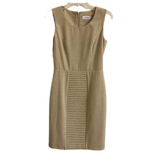 Calvin Klein Oatmeal Tan Pintuck Sleeveless Sheath Dress Size 6 - Picture 1 of 5